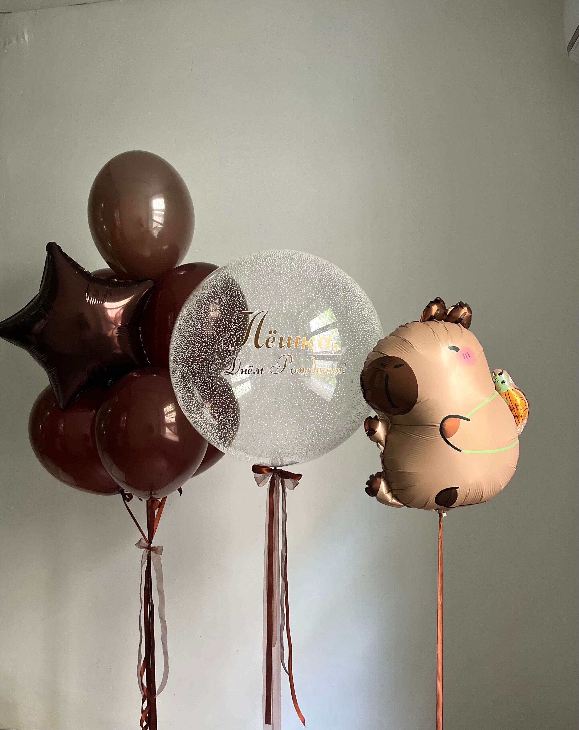 Композиция для мальчика с капибарой, большим Bubble с надписью и шарами в шоколадных оттенках