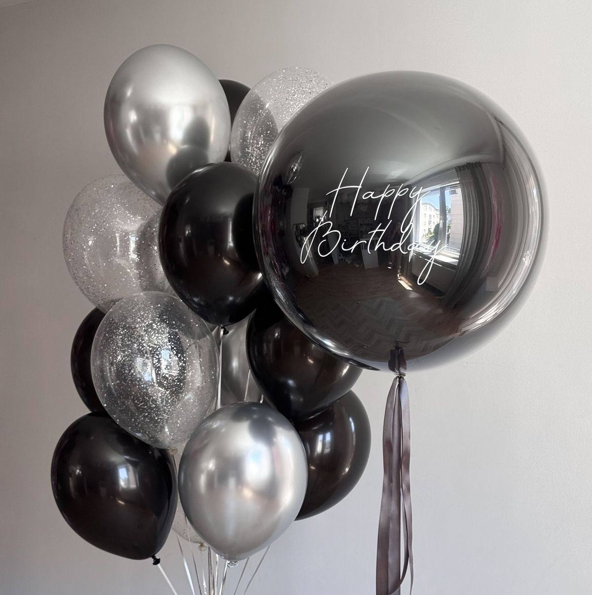 Черно-серебряная композиция с большим Bubble Happy Birthday и прозрачными шарами